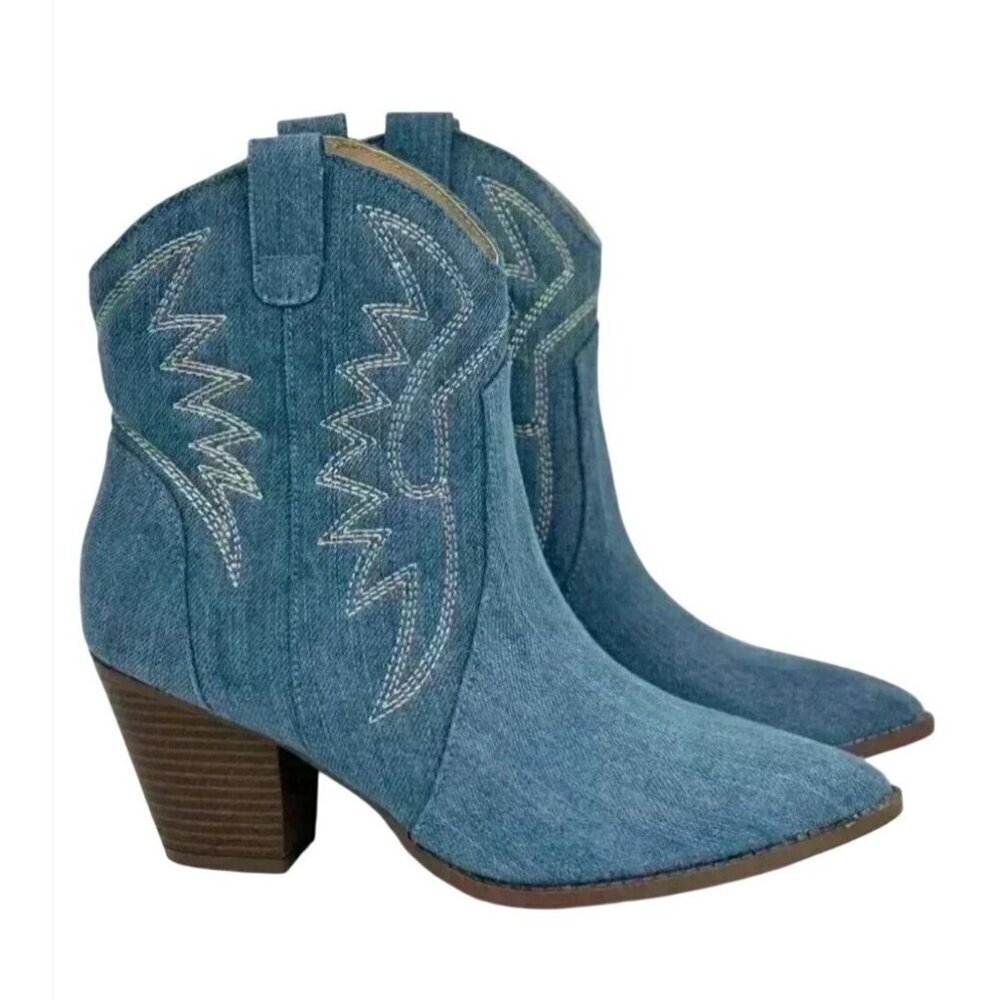 QUPID / Zane-72 / Denim / Western Ankle / Boots With Embroidered / Design & Stac - Picture 2 of 9